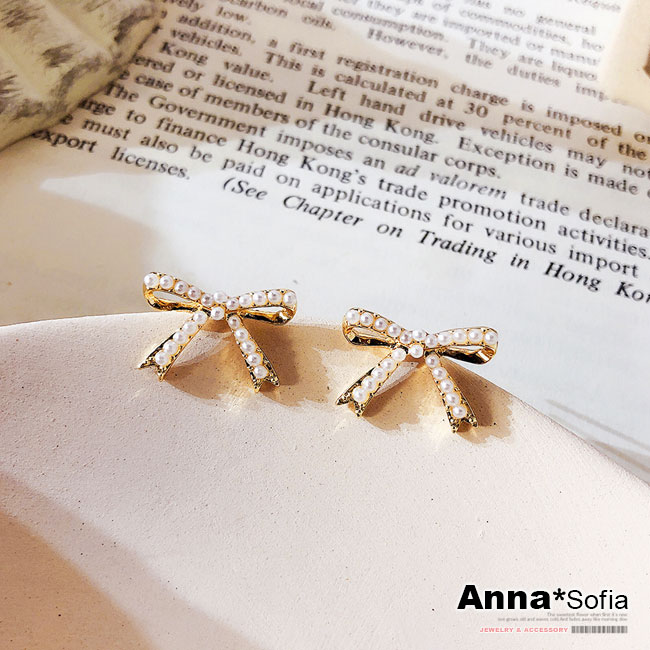 【3件5折】AnnaSofia 緞帶鑲珠蝶結 925銀針耳針耳環(金系)