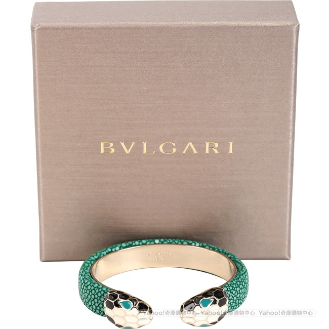 BVLGARI Serpenti 雙蛇頭翡翠綠珍珠魚皮金屬手環(展示品)