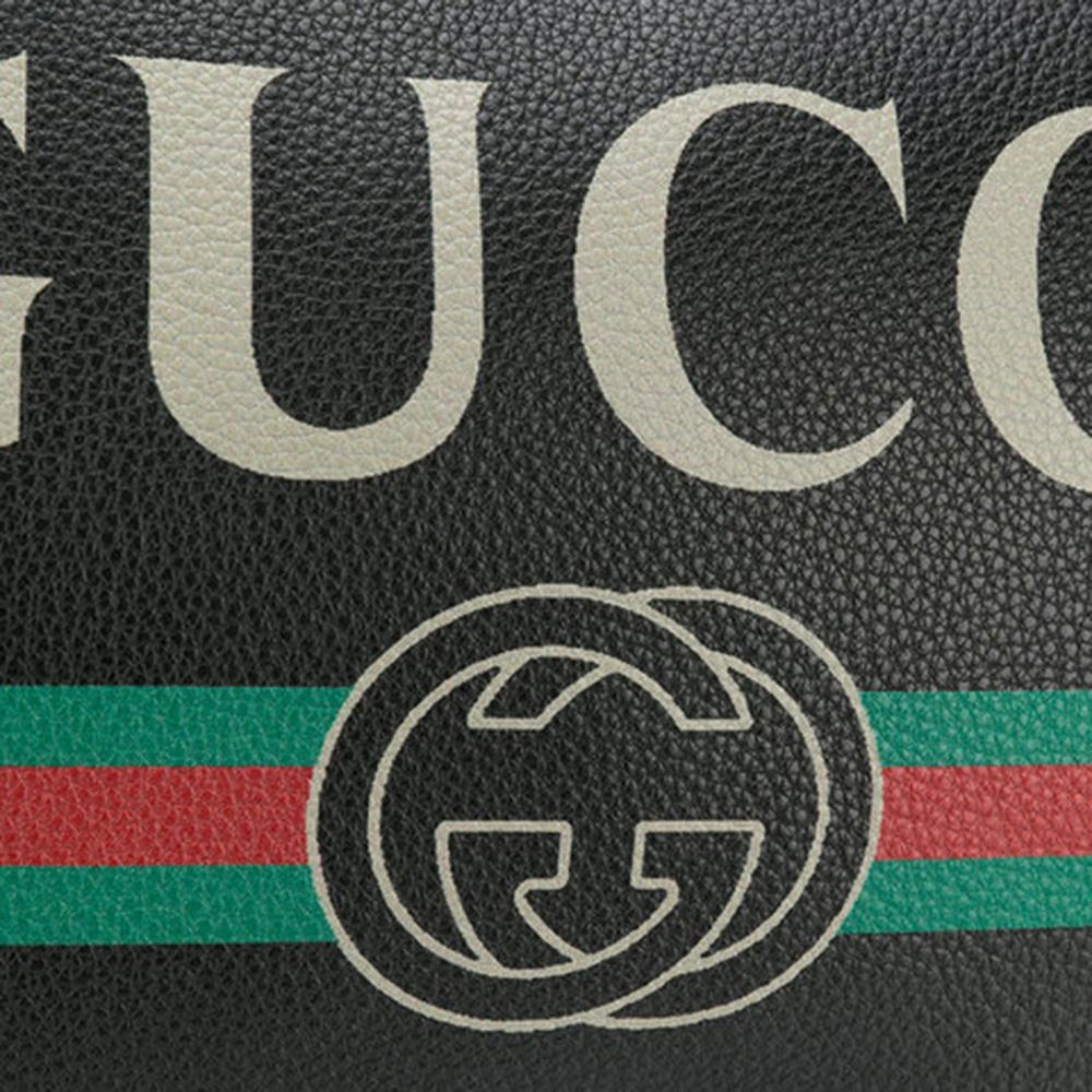 GUCCI 綠紅綠織帶復古小牛皮黑色大款手拿包