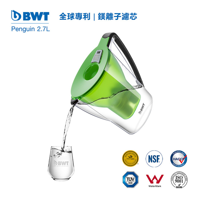BWT德國倍世 Mg2+鎂離子濾水壺2.7L(綠) ＋ 8週長效濾芯(三入組)(共四芯)