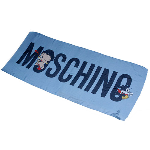 MOSCHINO 俏麗貝蒂LOGO義大利製螺縈混棉披肩/圍巾(淺藍)