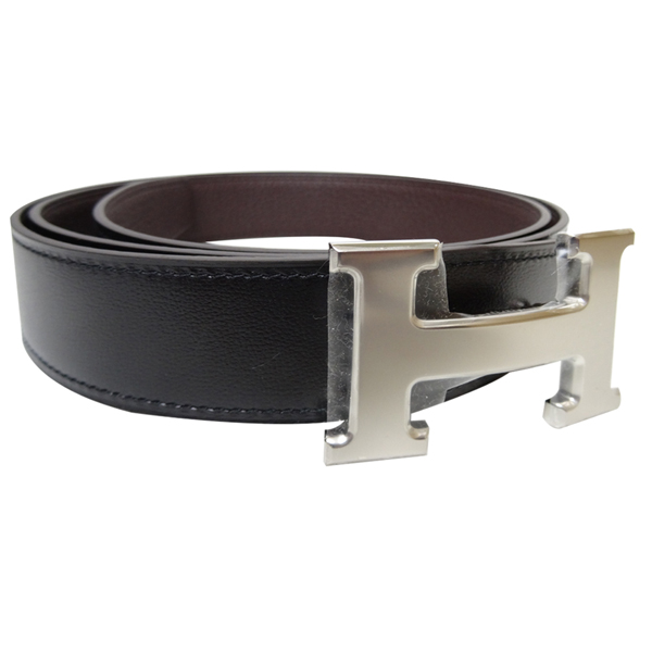 HERMES 銀釦H LOGO雙面用小牛皮腰帶/皮帶(黑x咖啡100公分)