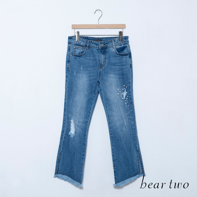 beartwo 水洗刷破珍珠造型牛仔褲(二色)
