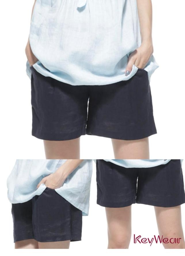 KeyWear奇威名品100%苧麻立體小活褶短褲-深藍色