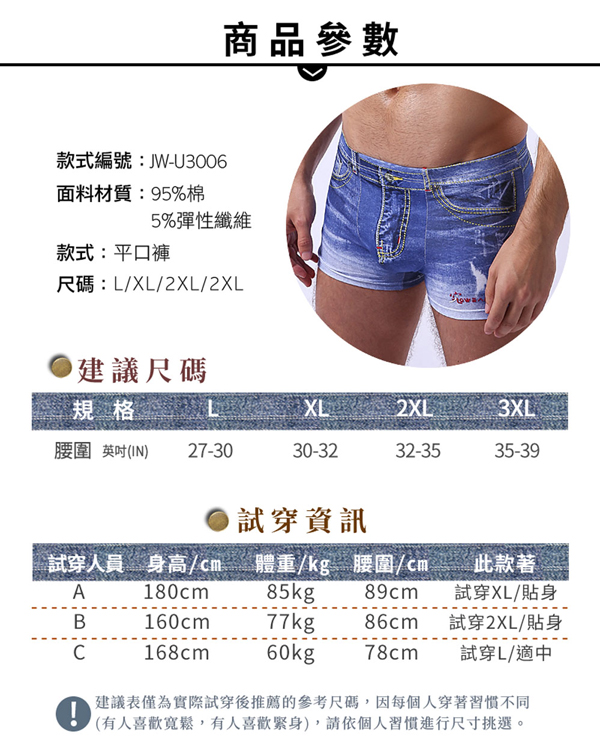 究jowear 仿丹寧棉質彈性四角男內褲 藍色刷白漸變色