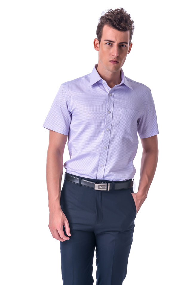 金‧安德森 紫色細格紋窄版短袖襯衫