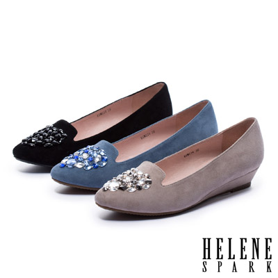 低跟鞋 HELENE SPARK 奢華晶鑽設計羊麂皮楔型低跟鞋－藍