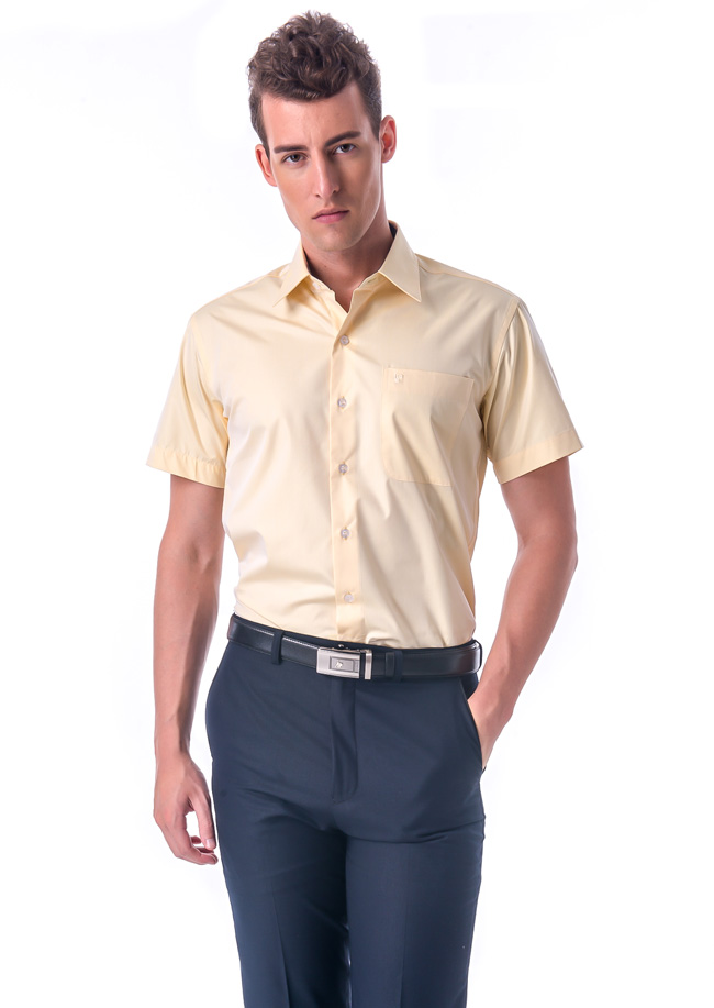 金‧安德森 經典格紋繞領黃色窄版短袖襯衫