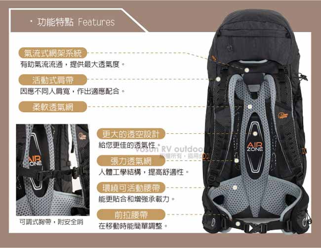 英國 LOWE ALPINE AirZone Trek +55:65 輕量透氣登山背包_黑