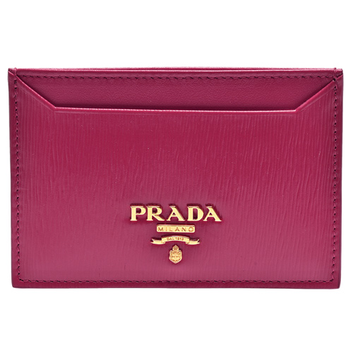 PRADA Saffiano經典金色浮雕LOGO直紋牛皮信用卡夾(槿紅)