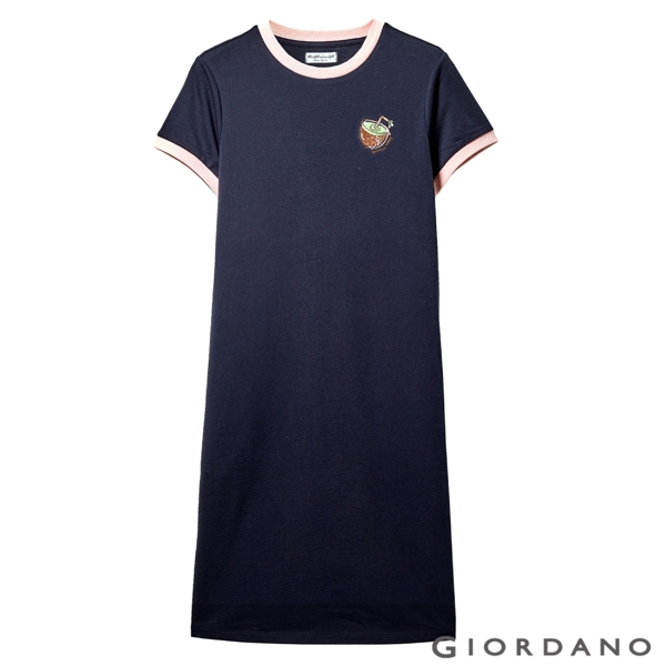 GIORDANO 女裝純棉水果刺繡連身裙-66 標誌海軍藍