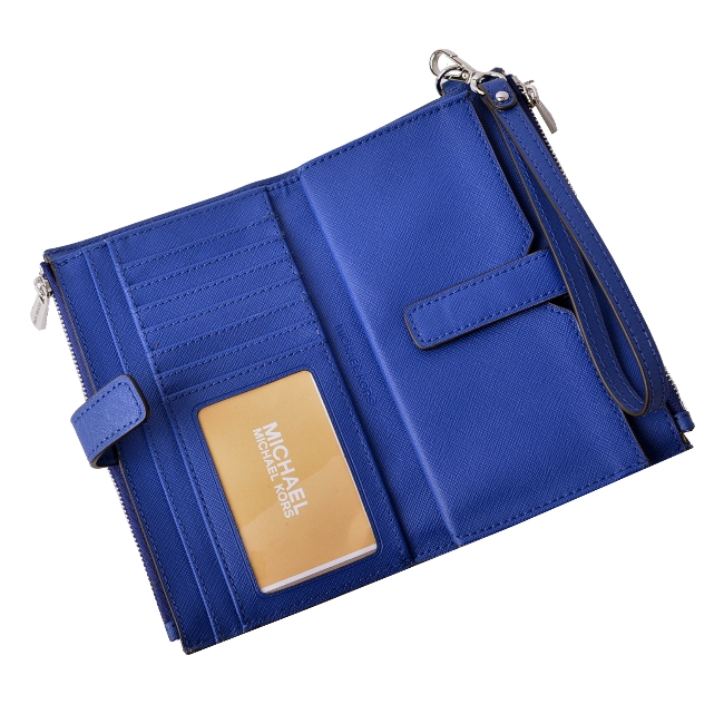 MICHAEL KORS JET SET銀字LOGO防刮皮革雙層手拿長夾-寶石藍