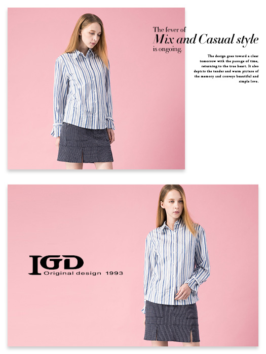 IGD英格麗 純棉清爽條紋袖帶襯衫-藍色