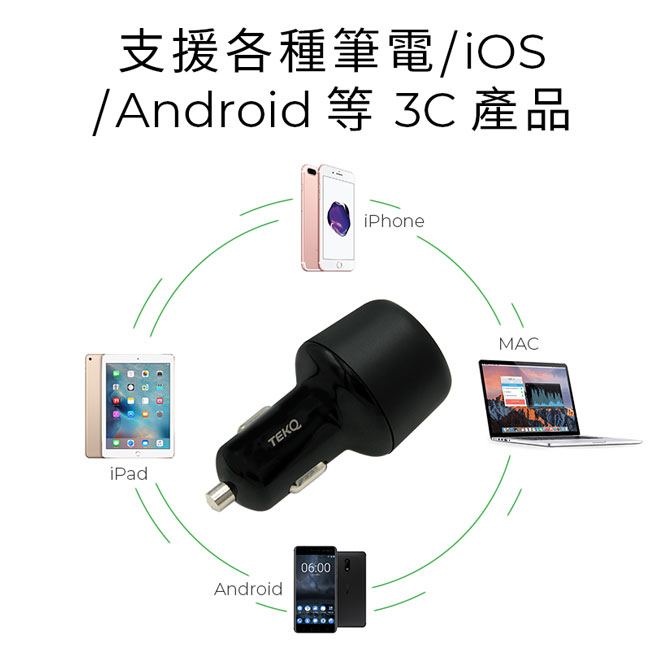 TEKQ QC3.0 PD USB Type-C 48W快速充電雙輸出車充