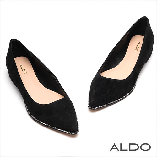 ALDO 原色真皮鞋面鑲嵌璀璨流線水鑽尖頭平底鞋~尊爵黑色