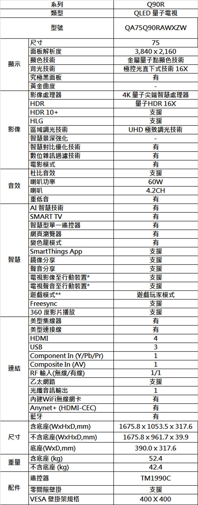 【客訂商品】SAMSUNG三星75吋 4K QLED量子液晶電視QA75Q90RAWXZW