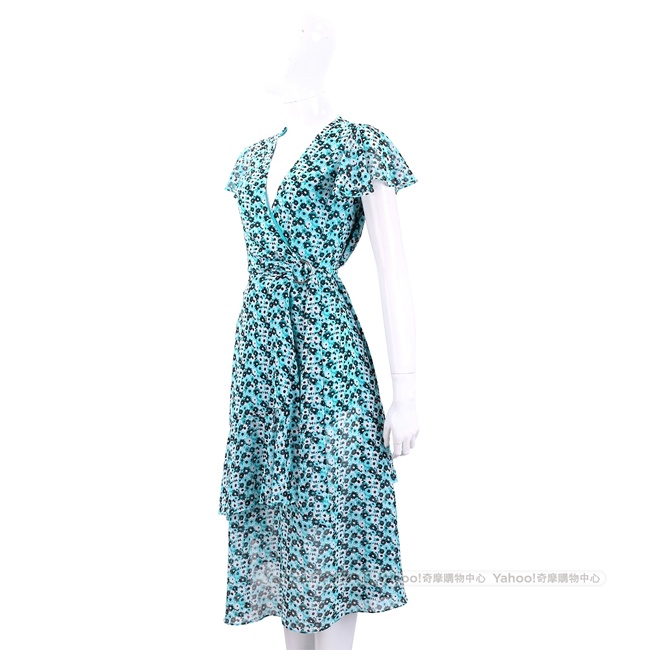 Michael Kors 不對稱裙襬藍綠色印花深V領洋裝