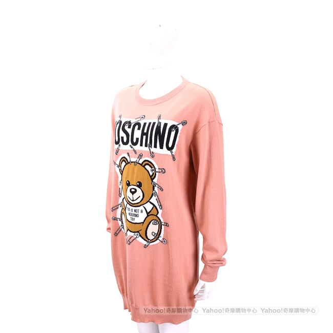 MOSCHINO 別針泰迪熊印花粉色長版羊毛衫