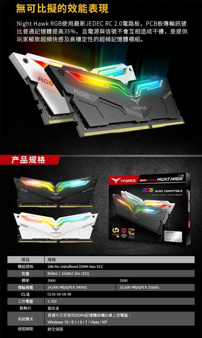 Team十銓 Night Hawk RGB 黑色 16G DDR4-4000(8G*2)