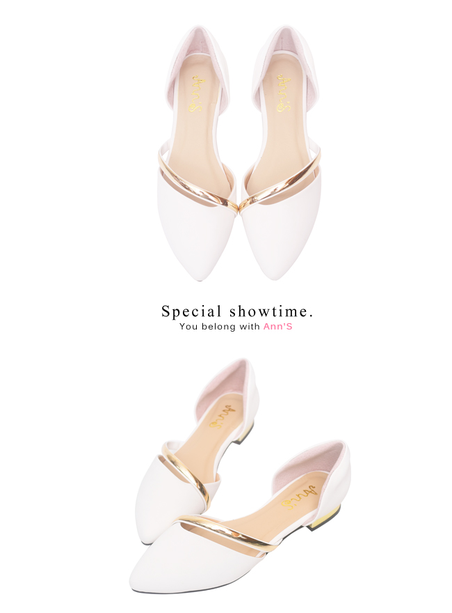 Ann’S名媛氣質-金色斜帶側空尖頭鞋 米白
