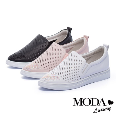 休閒鞋 MODA Luxury 華麗休閒沖孔水鑽全真皮厚底休閒鞋－粉