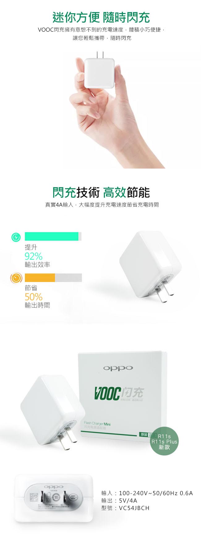 OPPO VOOC mini 最新一代 原廠閃充電源適配器VC54JBCH (盒裝)