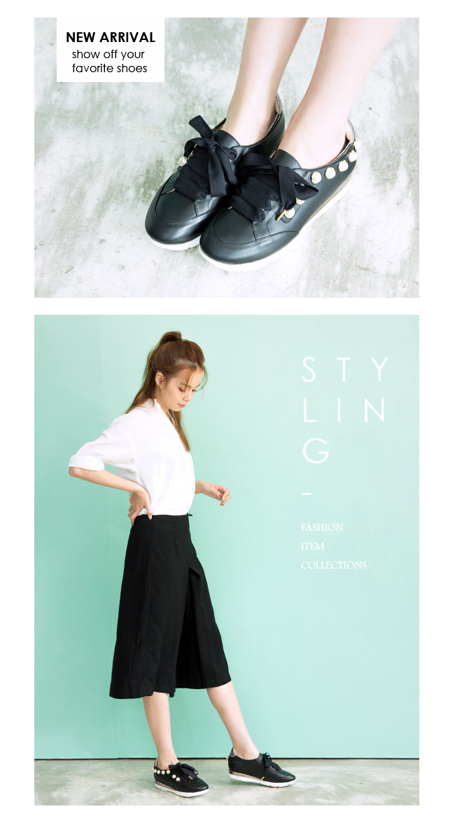 DIANA 活力耀眼--蝴蝶結珍珠鑲邊真皮綁帶休閒鞋-黑