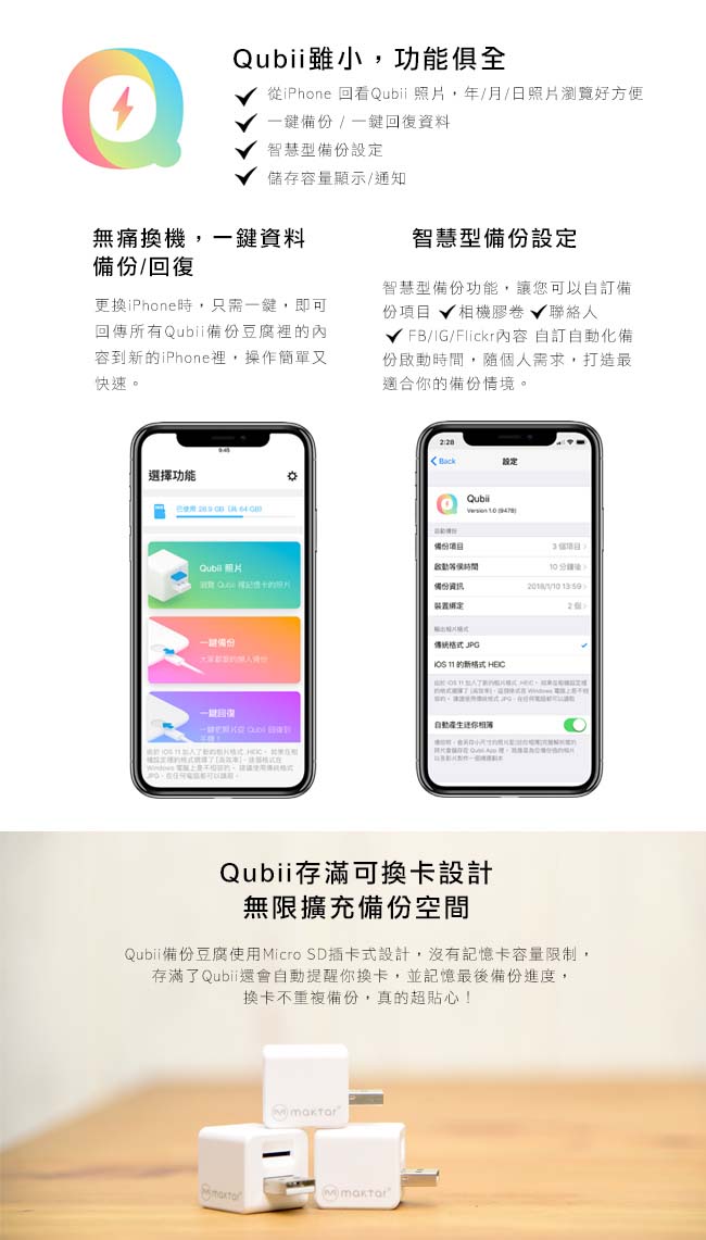 Qubii備份豆腐-充電即自動備份iPhone手機（SanDisk 128Ｇ記憶卡組)