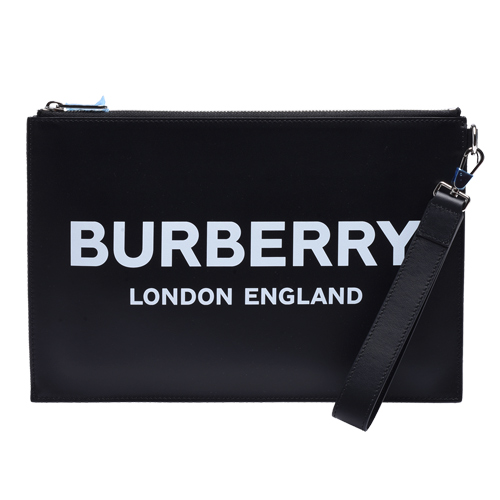 BURBERRY 經典品牌LOGO小牛皮拉鍊掛腕手拿包(黑色)