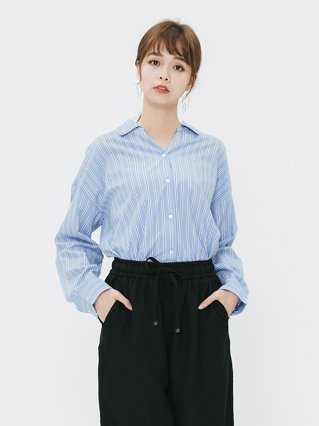 H:CONNECT 韓國品牌 女裝-雙配色直條紋襯衫-藍