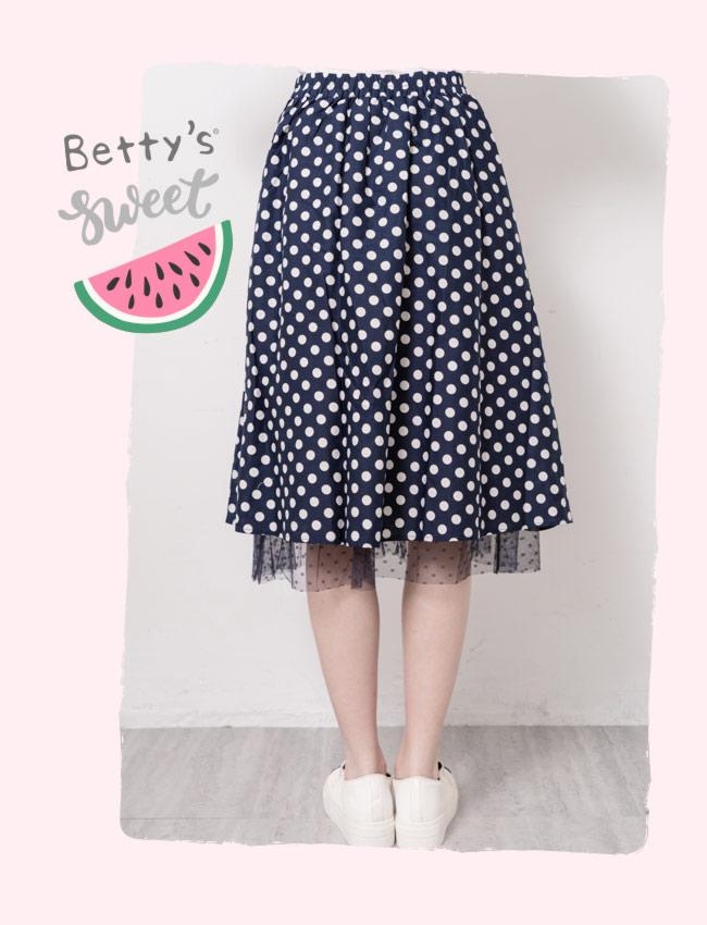 betty’s貝蒂思　點點拼接內網紗長裙(深藍)
