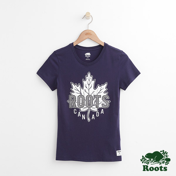 女裝Roots 立體楓葉刺繡短袖T恤-藍