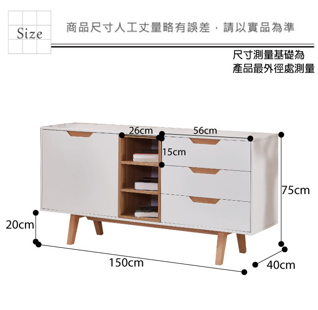 文創集 羅馬斯時尚白5尺單門三抽餐櫃/收納櫃-150x40x75cm免組