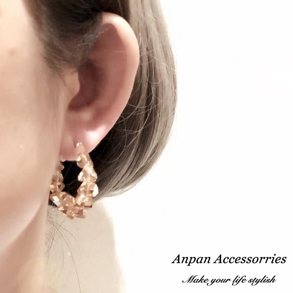【Anpan 愛扮】韓東大門NYU幾何C型水晶925銀針耳釘式耳環-橘色水晶