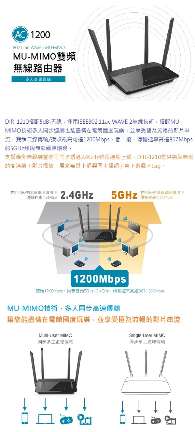 D-Link DIR-1210 AC1200 MU-MIMO 無線路由器分享器