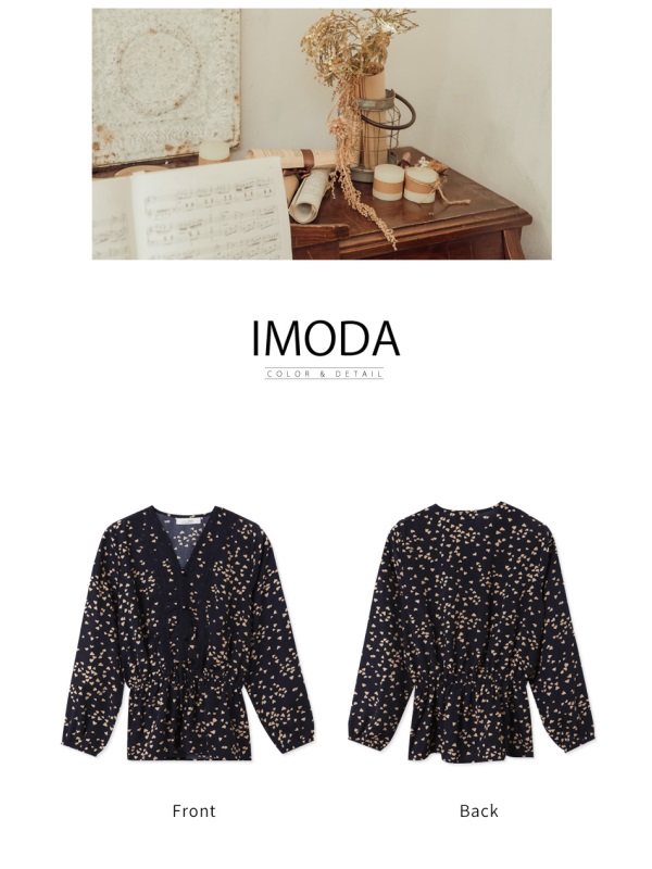 iMODA STAR- 臧芮軒。愛心印花布蕾絲拼接收腰綁帶V領排釦長袖上衣