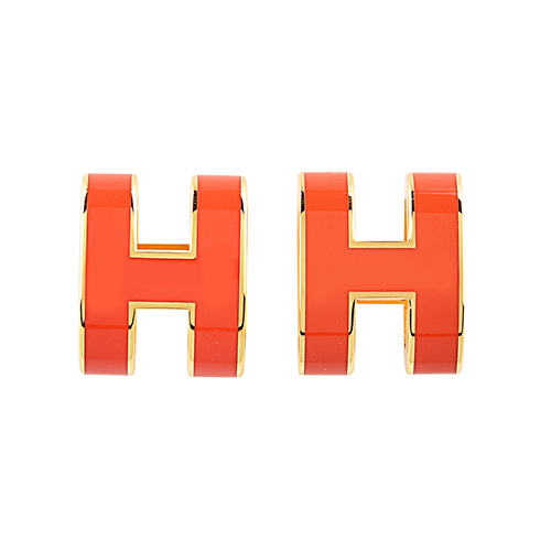 HERMES愛馬仕 經典POP系列H字母立體簍空橢圓LOGO穿式耳環(橘紅X金)