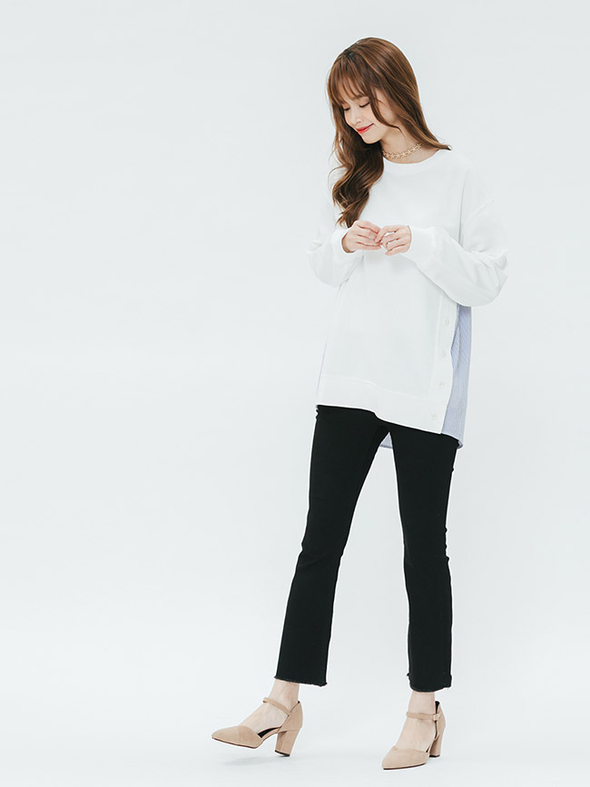 H:CONNECT 韓國品牌 女裝-條紋拼接排扣上衣-白