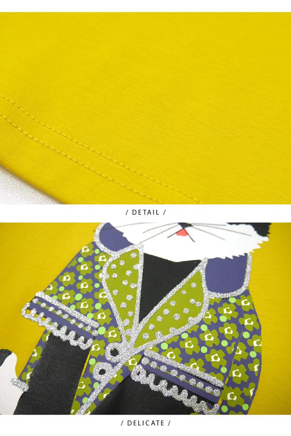 【麥雪爾】純棉素色貴族貓咪印花上衣-黃