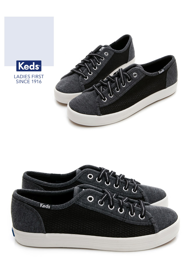 Keds KICKSTART 透氣網布拼接綁帶休閒鞋-炭黑