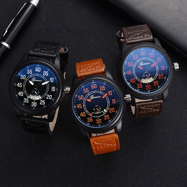 Watch-123 遠征探險經典美式日曆皮革手錶 (2色任選)