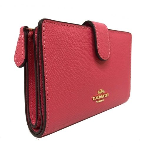 COACH 立體金屬馬車LOGO皮革中夾證件夾(蜜桃粉)