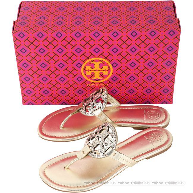 TORY BURCH Miller 鉚釘鑲嵌雙T飾夾腳涼拖鞋(香檳金)