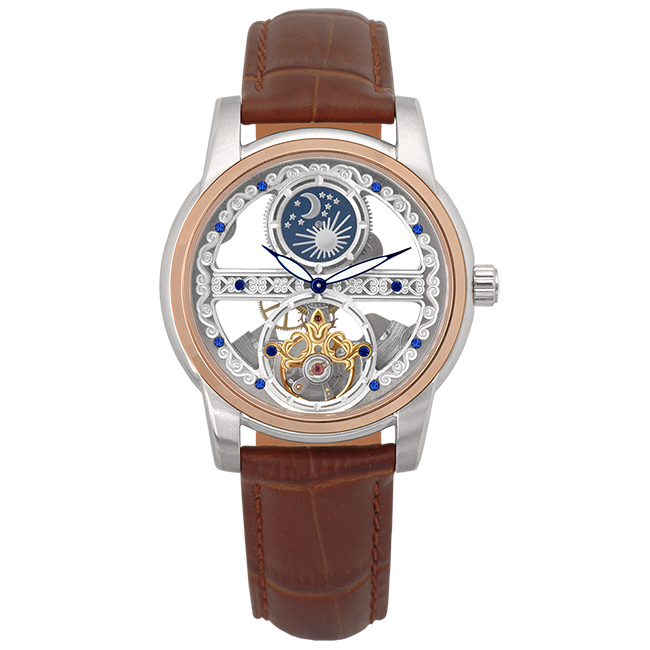 Valentino Coupeau 范倫鐵諾 古柏 日月相鏤雕機械腕錶 (半玫瑰金/咖帶)