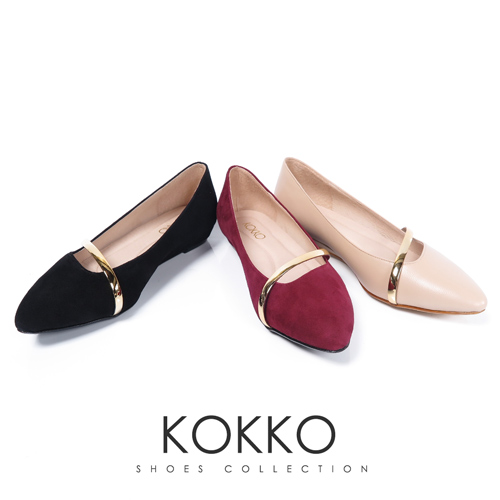 KOKKO - 輕奢女神金屬尖頭楔型真皮鞋-裸