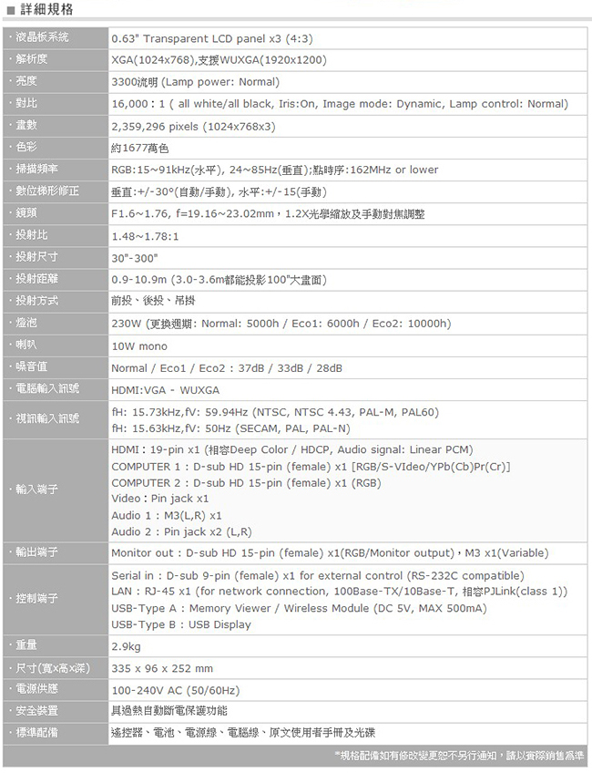 Panasonic XGA 3300流明 多功能液晶投影機 PT-LB353T