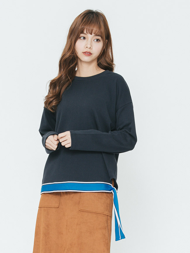 H:CONNECT 韓國品牌 女裝-織帶配色側綁帶上衣-藍 - 動態show