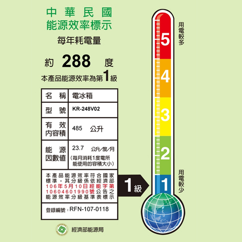 KOLIN歌林 485L 1級變頻2門電冰箱 KR-248V02