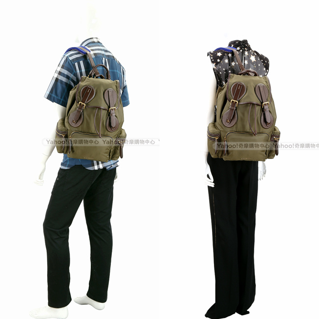 BURBERRY The Rucksack 大型科技尼龍拼接明線皮革軍旅後背包(綠)