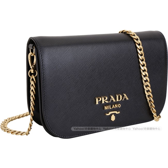 PRADA Saffiano 金字防刮牛皮掀蓋手拿/鍊帶包(黑色)